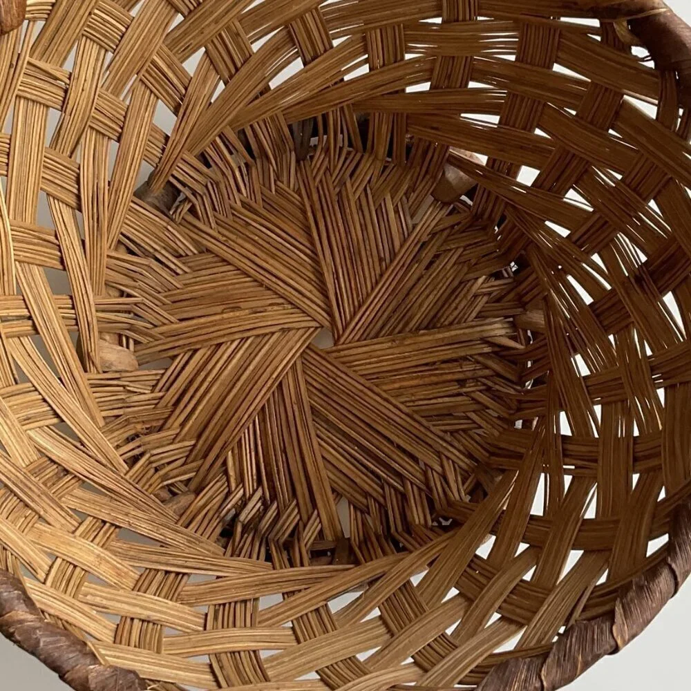 Vintage Handwoven Basket With Leaf Wrap Detail Round Boho Farmhouse 11.5